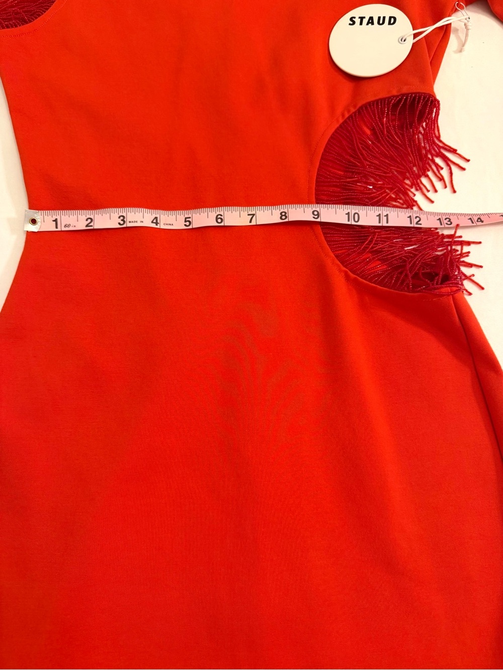 STAUD Mini Kirsten Dress in Fire Red Long-Sleeve with Fringe Cutouts Size Small - Picture 9 of 15